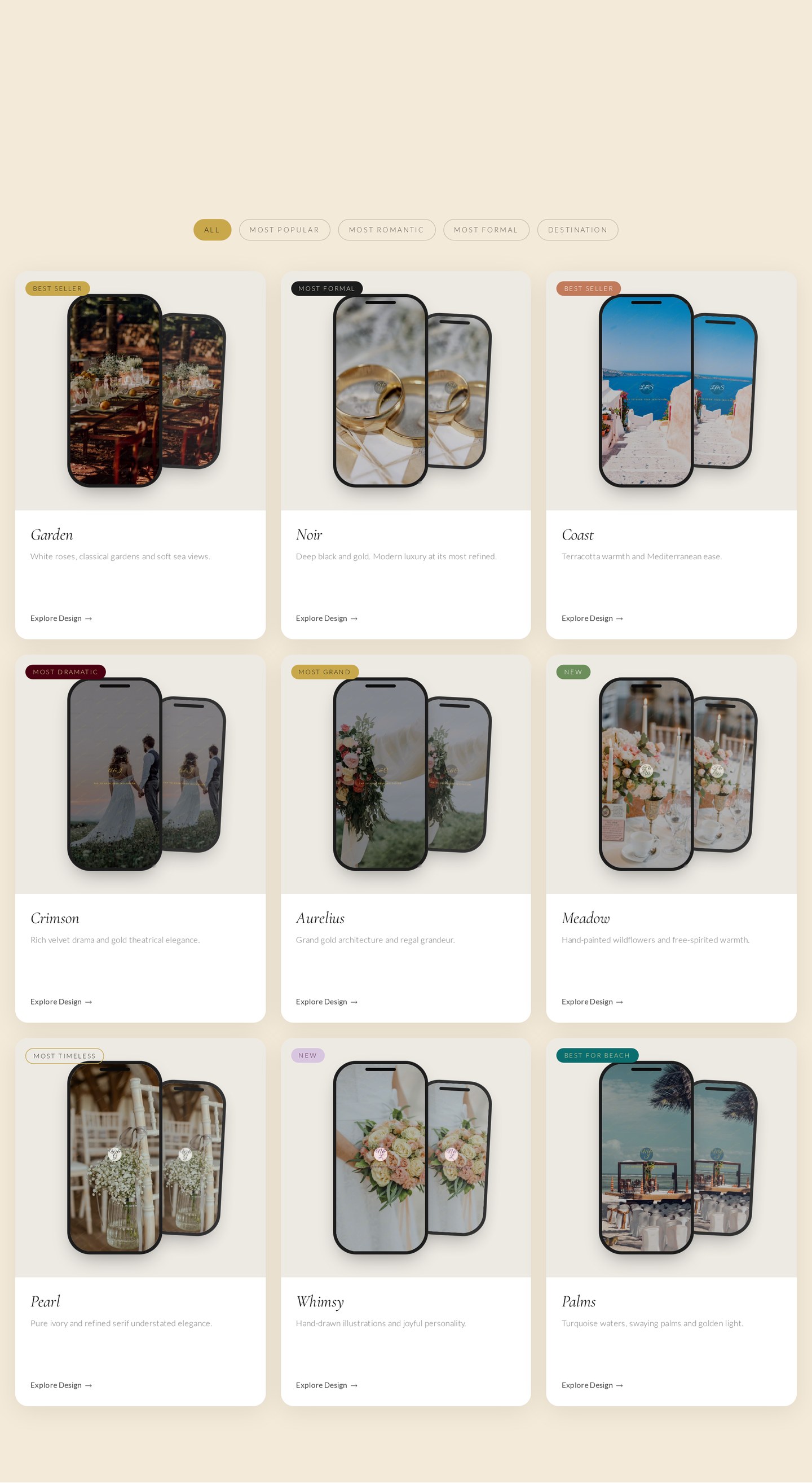 The Gilded Invite designs section showing nine signature wedding invitation designs on phone mockups