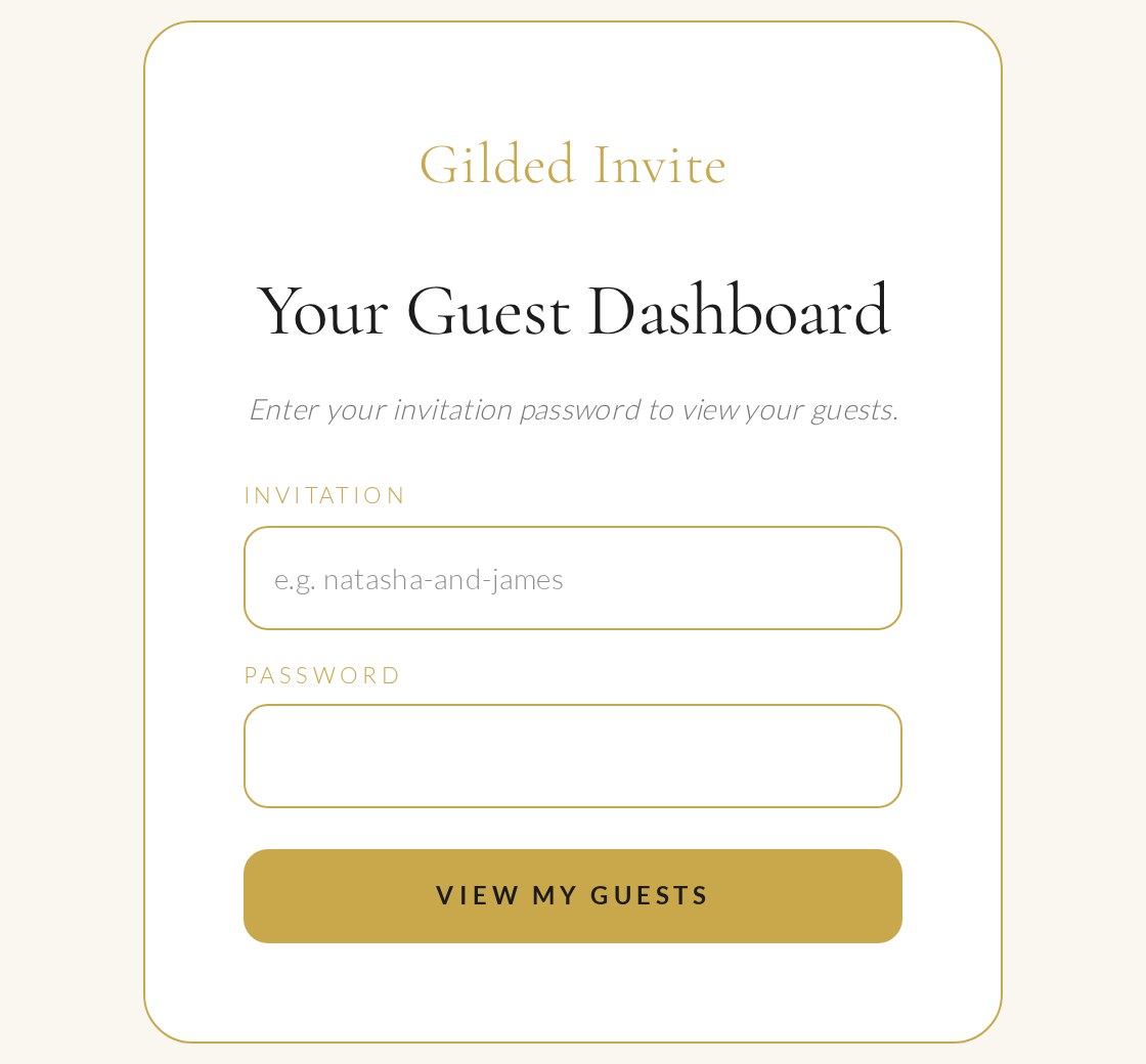 The Gilded Invite guest dashboard login card asking for an invitation name and password